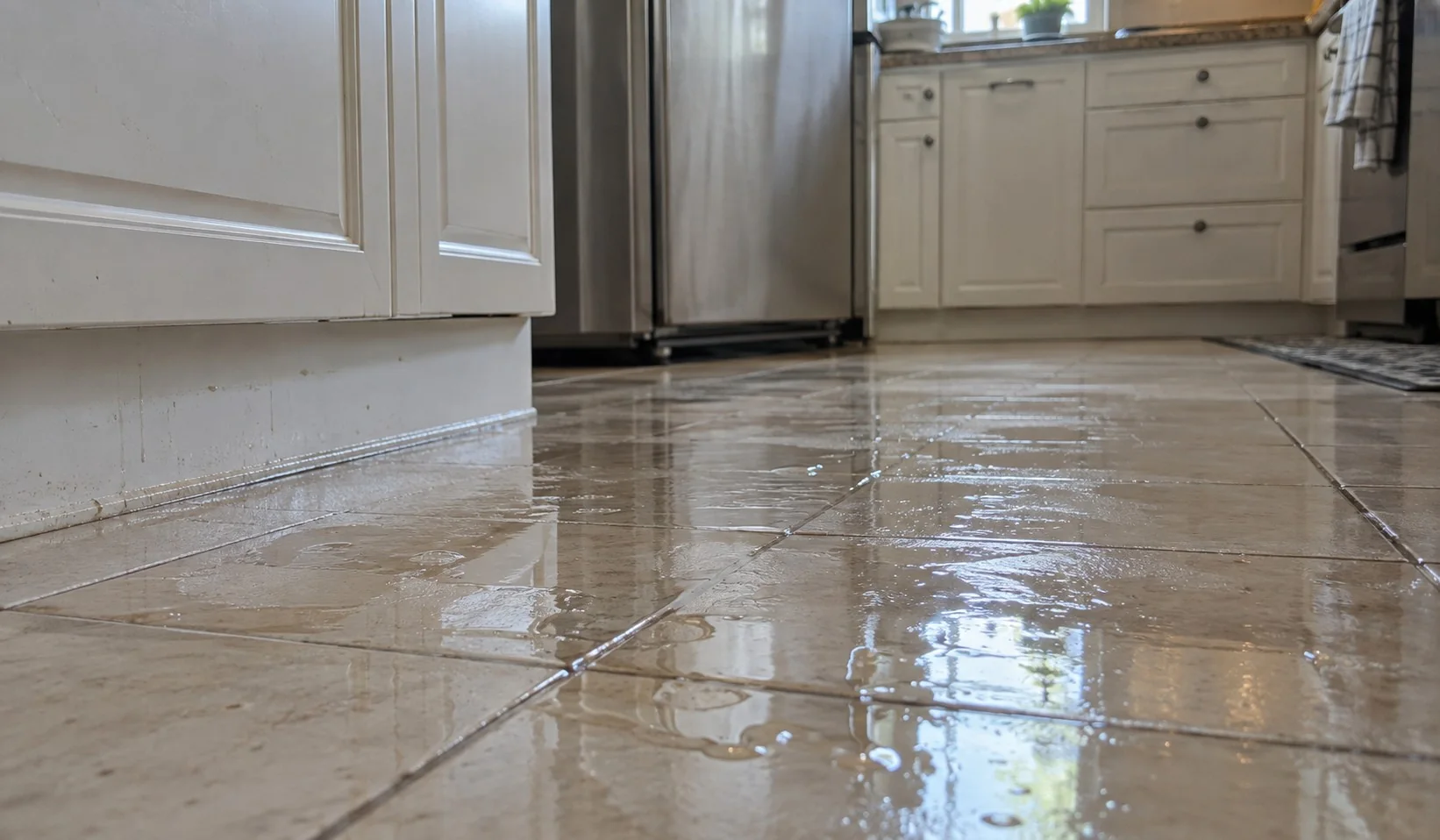 Shallow water pooled on a residential floor beside plumbing and a baseboard