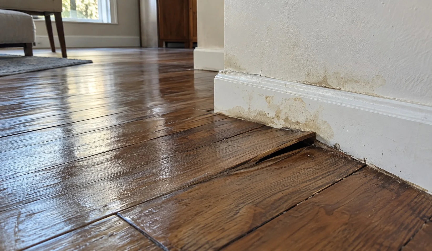 Close view of water-damaged wood floorboards lifting at the seams