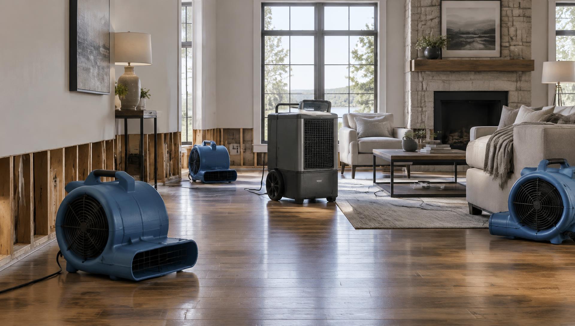 Air movers and a dehumidifier drying a living room during water damage restoration